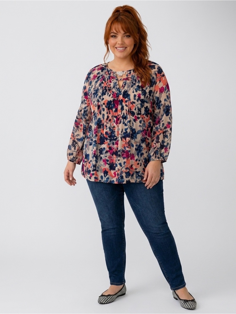 Spense Pink Multi Floral Keyhole Peasant Blouse